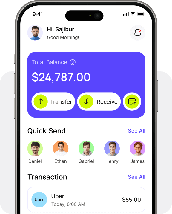 PeerCash mobile app interface showing wallet balance and quick actions
